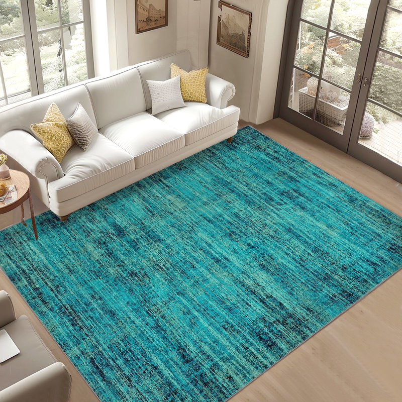 Washable Area Rug, Vintage Distressed Low Pile Non-Slip Foldable Retro Abstract Indoor Floor Carpet, Turquoise, 4'x6', Teal