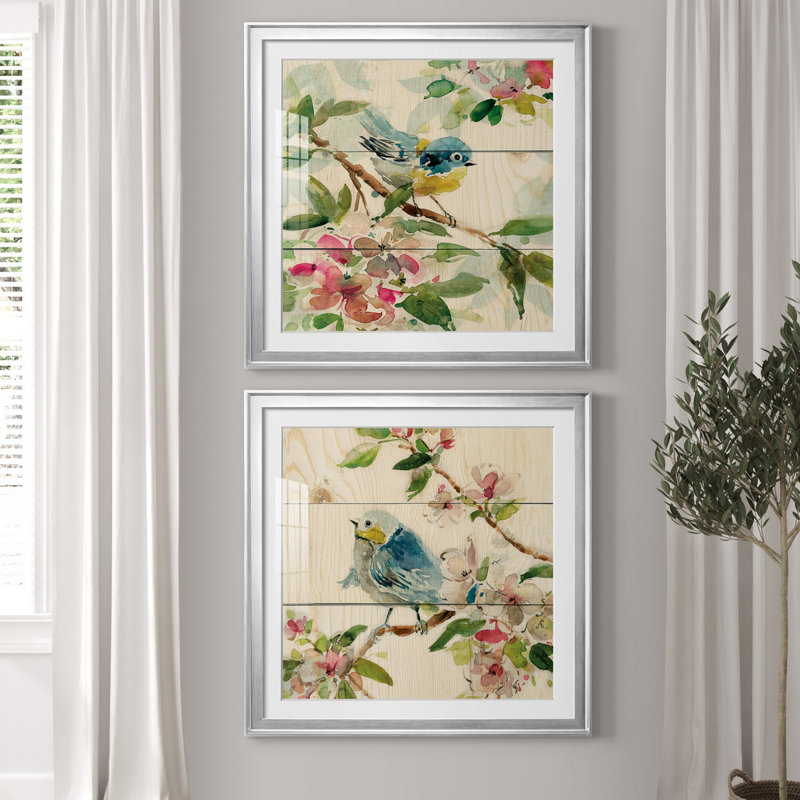 «Birds And Blossoms I», reproduction de l'histoire naturelle, avec passe-partout mat et encadré sous verre, ensemble de 2, art mural