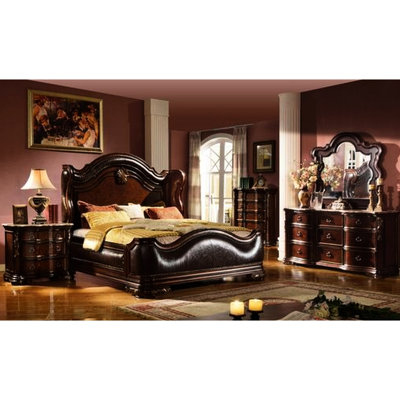 Ensemble de chambre à coucher 4 pièces, format king, avec éléments rembourrés, aspect noyer foncé, plateaux en marbre sur la commode et la table de chevet, rangement à extension complète, finition cerisier, plateaux et tiroirs.