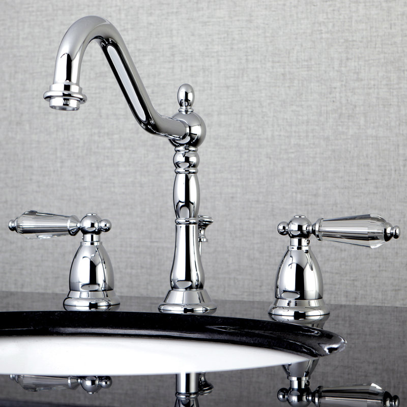 Kingston Brass Wilshire Two-Handle 3-Hole Deck Mount Widespread Bathroom Faucet with Brass Pop-Up Drain, Chrome