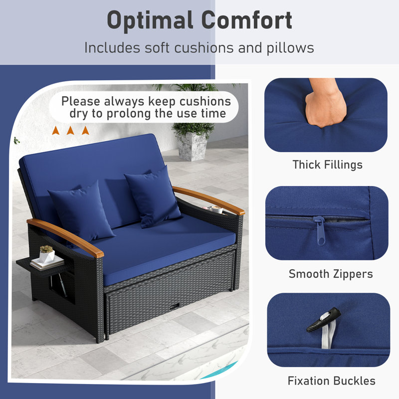 Outdoor Wicker Daybed With Folding Panels & Storage Ottoman, Blue, Black, Navy