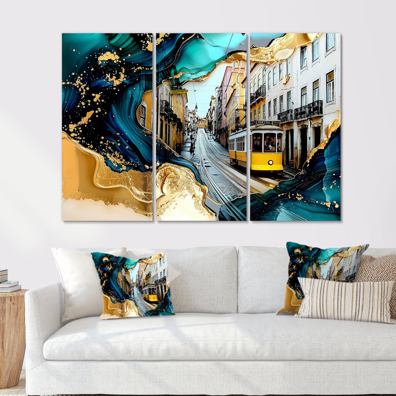 Emerald Lisbon Rues In Portugal I - Portugal grand art mural - 3 panneaux, Toile tendue, Ne s’applique pas, H 32 po x l 48 po