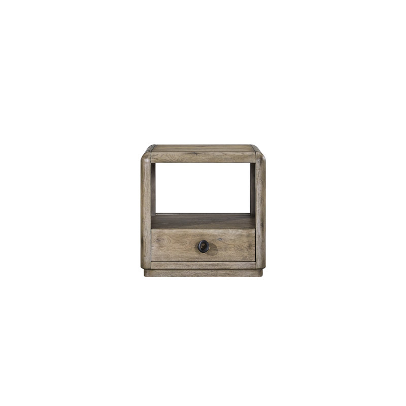Table d'appoint en placage de chêne anglais noueux, un tiroir à fermeture automatique sur glissières, étagère ouverte pour le rangement et la présentation, 60,8 cm de large, profondeur, 63,1 cm de haut. Espace de rangement accessible, profondeur, largeur.