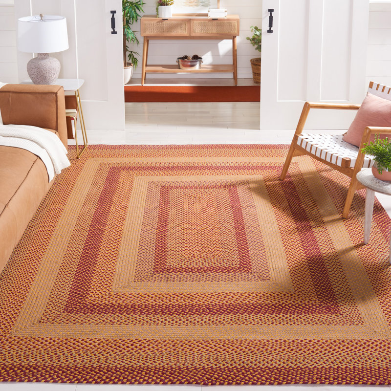 Tapis géométrique tressé à plat en coton et autres en jaune et rouge, Rectangle 4 pi x 6 pi