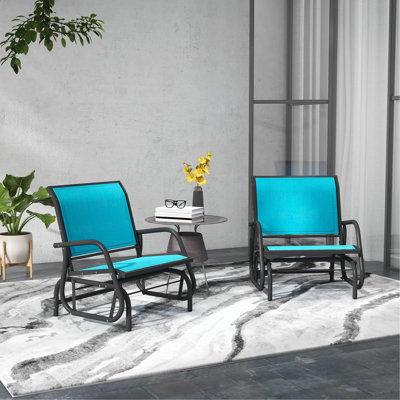 Porch Glider Set Of 2, Metal Frame Swing Glider Chairs With Breathable Mesh Fabric, Curved Armrests And Steel Frame For Garden, Poolside, Backyard, Balcony, Blue