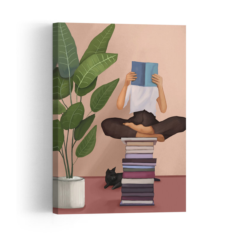 Cozy Reading Moment Peaceful Serene Contemporary Cat Plant Architecture Wall Art Print 1 Piece Wrapped Canvas Wall Art