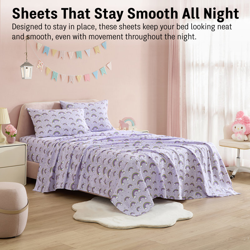 Ensemble de draps pour enfants HLC.ME, Lit simple, Arc-en-ciel mauve