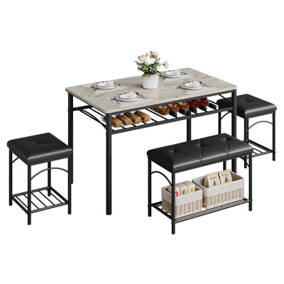 Modern Dining Table Set for 4 with Upholstered Benches and Stools Space Saving Kitchen Breakfast Table for Small Living Spaces Apartments Studio Home