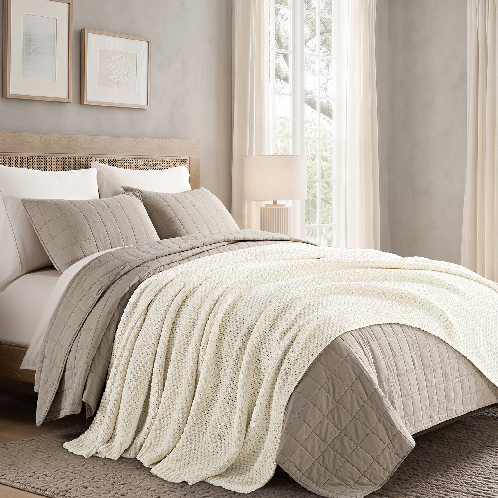 Chunky Chenille Knit Throw Blanket, Ivory White, 108" L x 92" W