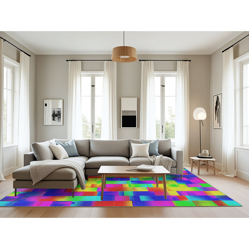 Tapis jaune / vert / rouge en laine et polyester tissé à la machine Patchwork, Rectangle 8 pi x 10 pi