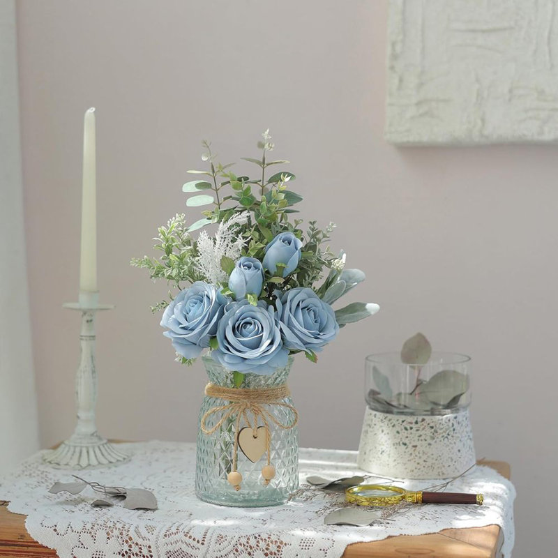 Fake Flowers Artificial Blue Flowers with Vase, Table Centerpieces for Dining Room, Silk Flower Arrangements for Home, Living Room Bathroom Plant Decor, Centerpiece Table Decorations