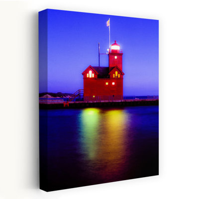 Lighthouse Illuminated Over Sea In Big Red Light, Holland, Michigan, Usa Contemporary Architecture Wall Art