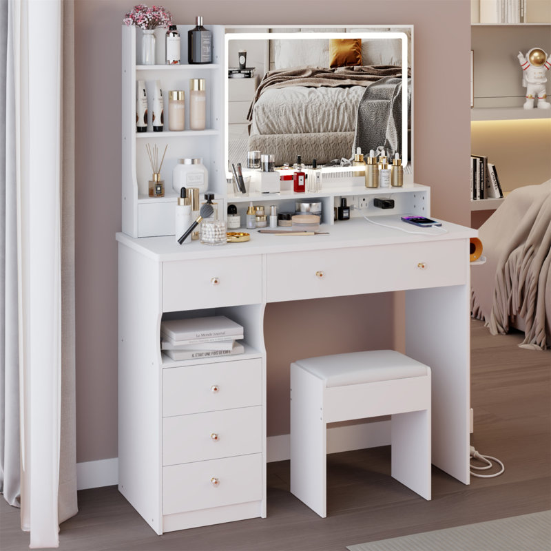 41" Large Size Left Drawer Desktop Vanity Table+Cushioned Stool Dresser Set, 2 AC+2 USB Power Station, Hair Dryer Stand, Extra Large Touch Control LED Mirror, 3-Color Switch, EPA, GCC, UL Certificate