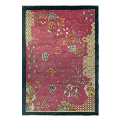 Rug & Kilim's Chinese Deco Style Rug In Pink With Blue Border, Gold Florals