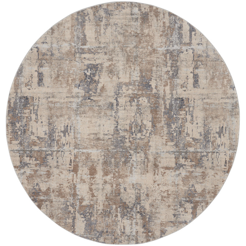 Tapis abstrait beige / gris tissé à la machine, Rond 5 pi 3 po