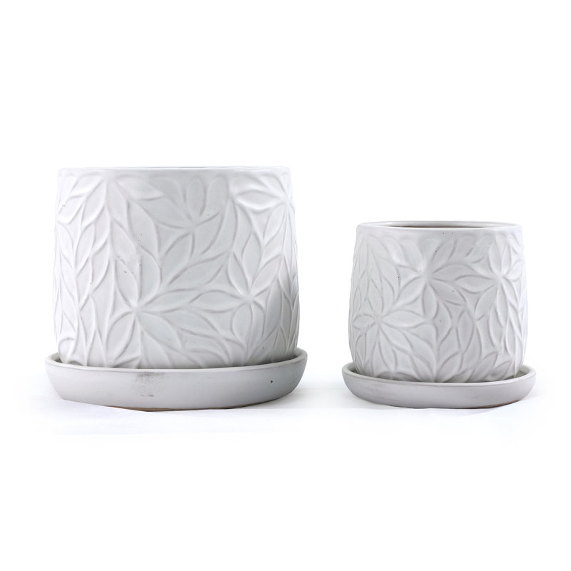 Pot de fleurs en céramique 2 pièces avec drainage, pour l'intérieur et l'extérieur, conception élégante à feuilles en relief