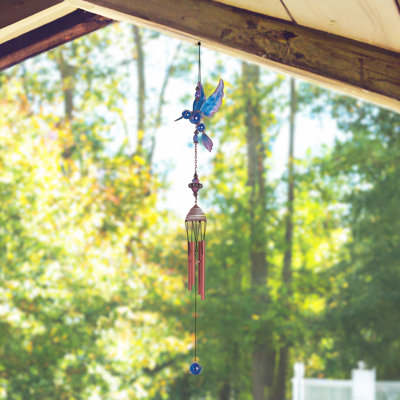 23" Long Blue Hummingbird Copper and Gem Wind Chime Unique Gifts