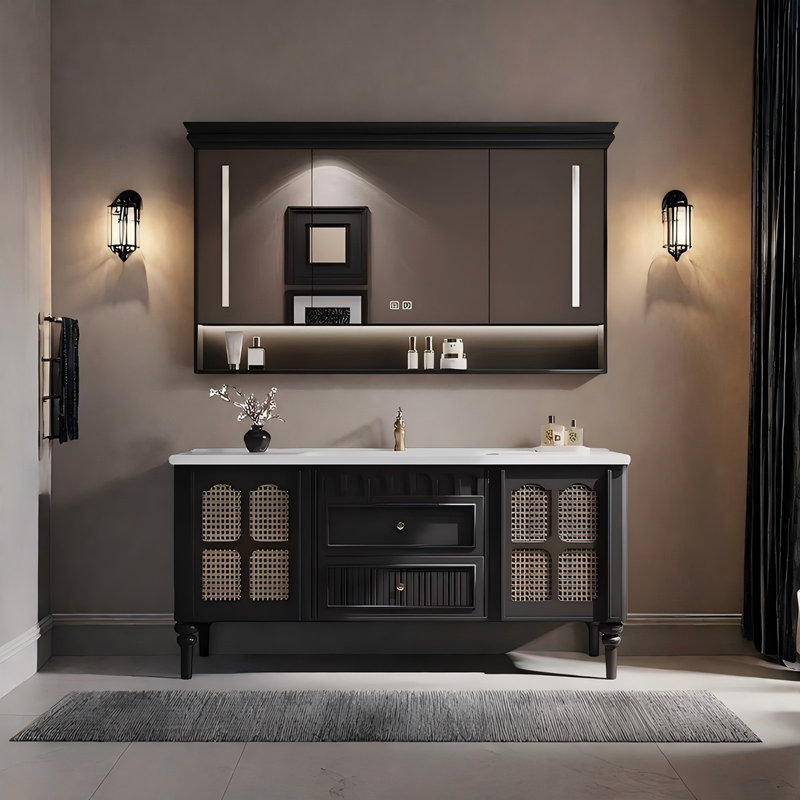 Meuble-lavabo de salle de bain autoportant en bois d'hévéa massif 39,76 po avec armoire à miroir, 40"