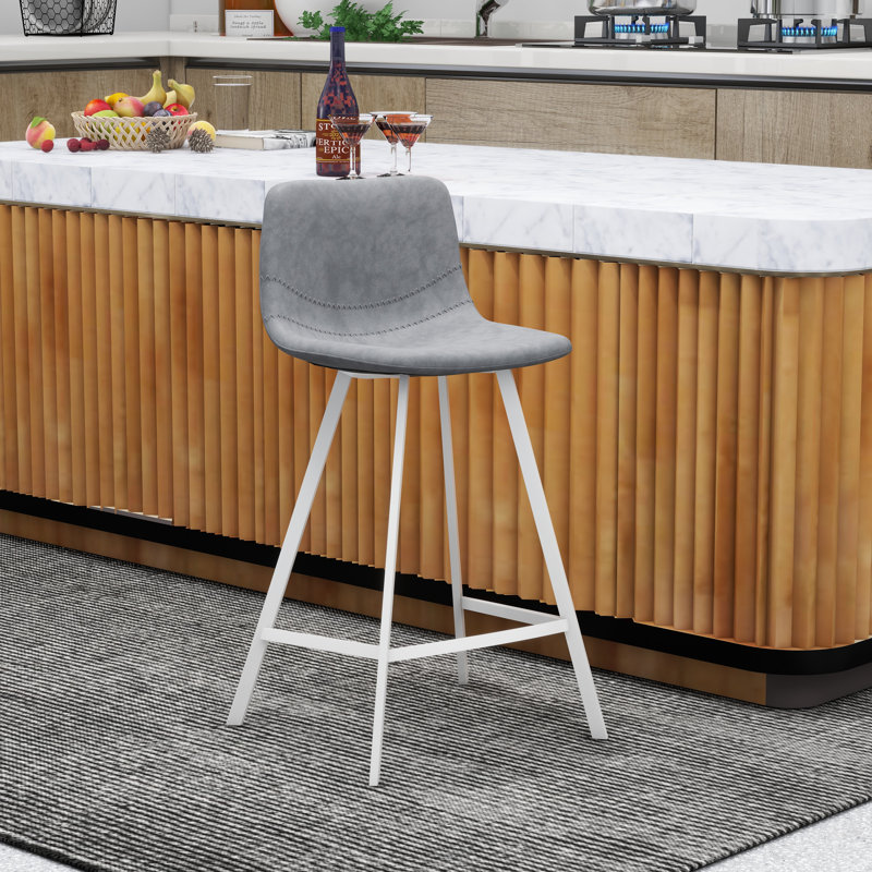 Tabouret de bar 41 po en cuir avec pieds en acier inoxydable, Gris clair