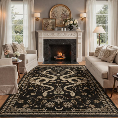 Celestial Snake Machine Washable Non-Slip Rug Dark Gothic Whimsigoth Black Beige Mystic Star Moon Indoor Area Rug