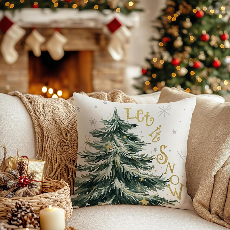 Housse de coussin de Noël 18 x 18 pouces, pin flocons de neige Let It Snow