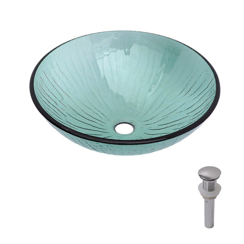 Artistic Vertical-Textured Glass Vessel Bathroom Sink With Pop-Up Drain, Tempered Green Basin With Black Trim Round Bowl (No Faucet)