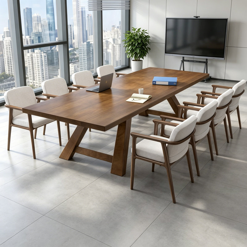 Table de conférence simple en bois massif brun-noisette, 29.5" H x 110.24" L x 47.2" W