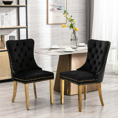 Modern Dining Chair Of 2, Velvet Upholstery, Black And Gold, Stainless Steel Legs, With Nailhead Trim, A&A Furniture High Upholstered Chairs, Velvet, Golden