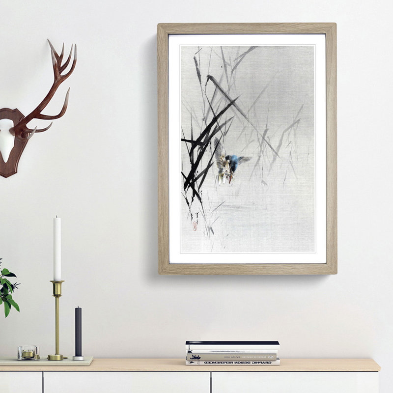 Bird Catching a Fish by Watanabe Seitei - Picture Frame Painting Print, Oak Framed, 65cm H x 48cm W x 2cm D