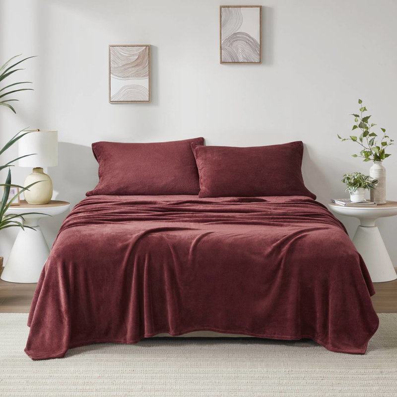 Ensemble de draps 4 pièces 100% bourgogne - ultra doux et réconfortant, brossé des deux côtés pour une douceur de velours, comprend 2 taies d'oreiller plates et ajustées