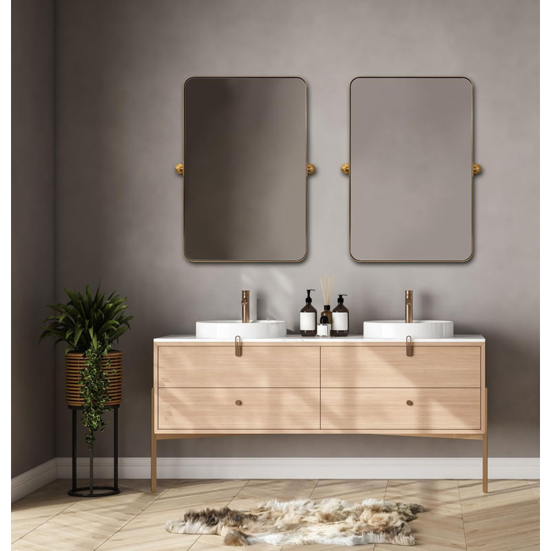 Miroir de salle de bain mural moderne inclinable | Cadre pivotant en acier inoxydable, Or brossé, 34 po x 22 po
