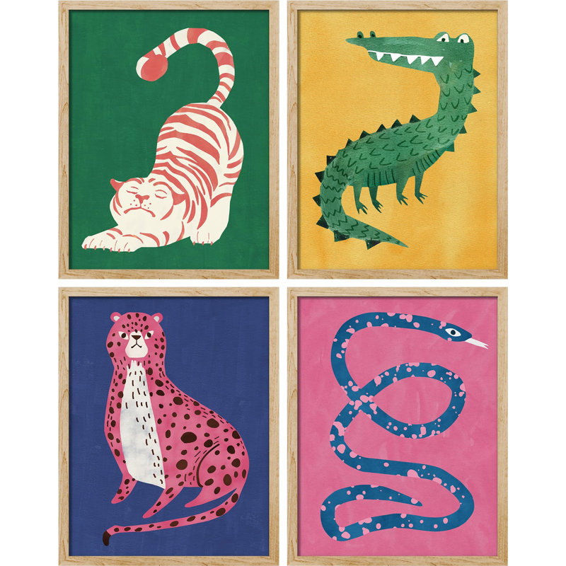 Chat rouge, crocodile vert, léopard rose, serpent bleu, impression sur papier, 4 pièces, Naturel, H 14 po x l 11 po