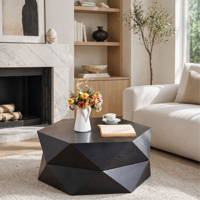 Table de salle à manger vintage rétro en forme de Polygone de 36,61 pouces, plateau rabattable avec compartiment de rangement caché, table basse cylindrique en placage de bois massif, table polyvalente noire pour le bureau à domicile et un appartement