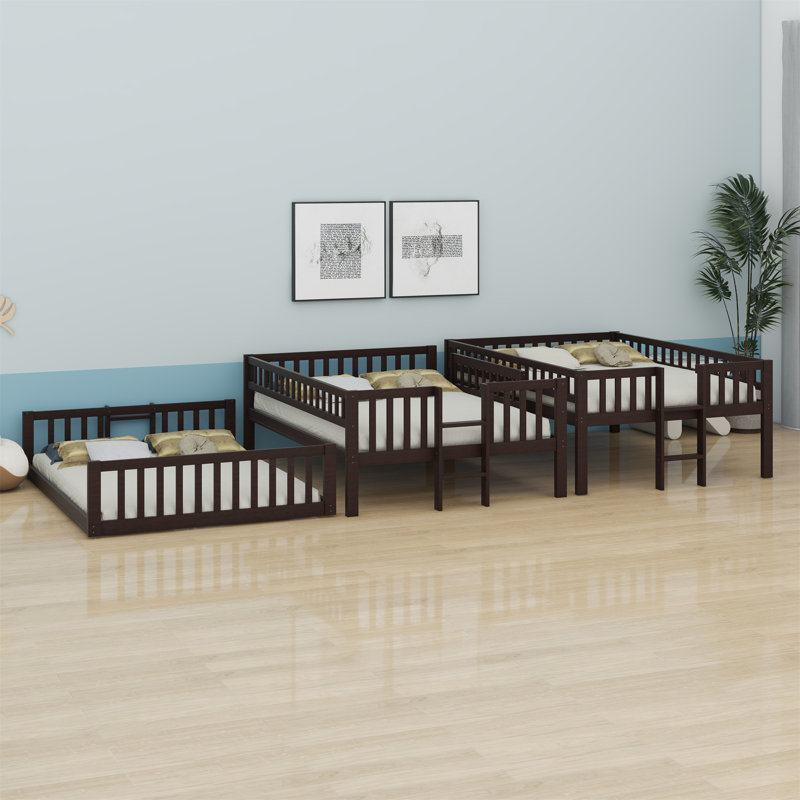 Triple Bed With Built-In Ladder,Slide And Guardrails, Espresso