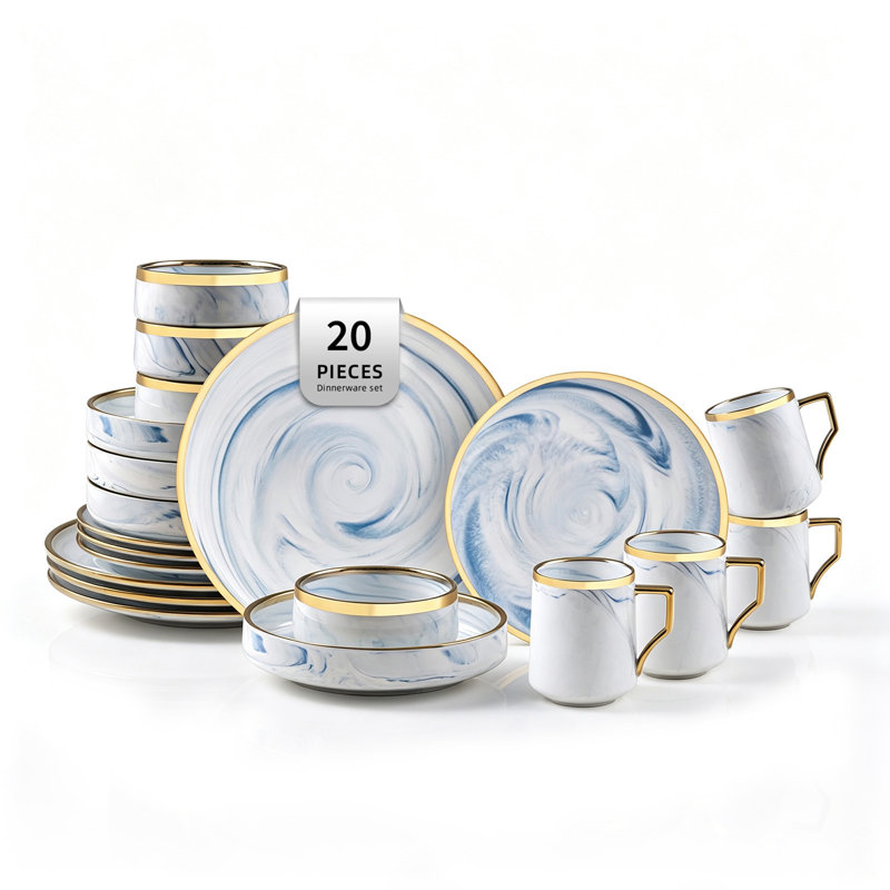 Service de table HomeVSS en porcelaine fine marbrée artisanale avec bordure dorée, 20 pièces pour 4 personnes