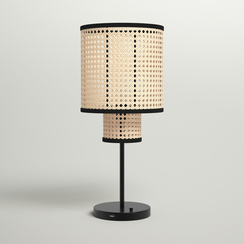Nakuv 22.44'' Rattan and Velvet Table Lamp with USB and Outlet