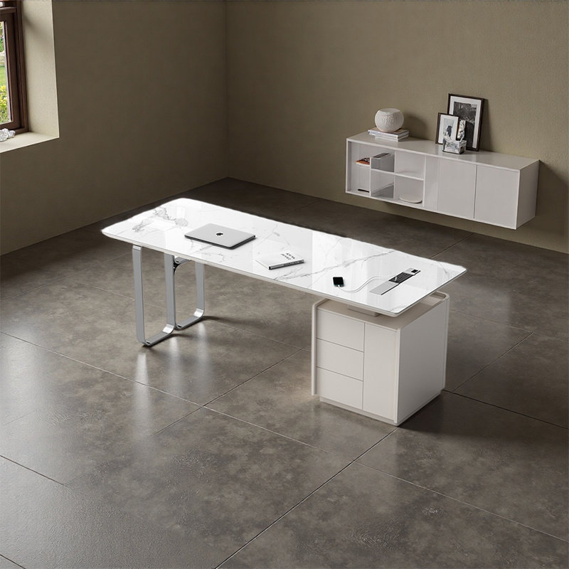 Bureau de table en pierre frittée durable, H 29,53 po x l 62,99 po x P 27,56 po, Blanc