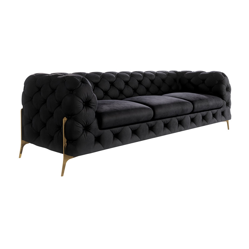 Chesterfield Sofa  3 Seater with Gold Metal Legs, Black