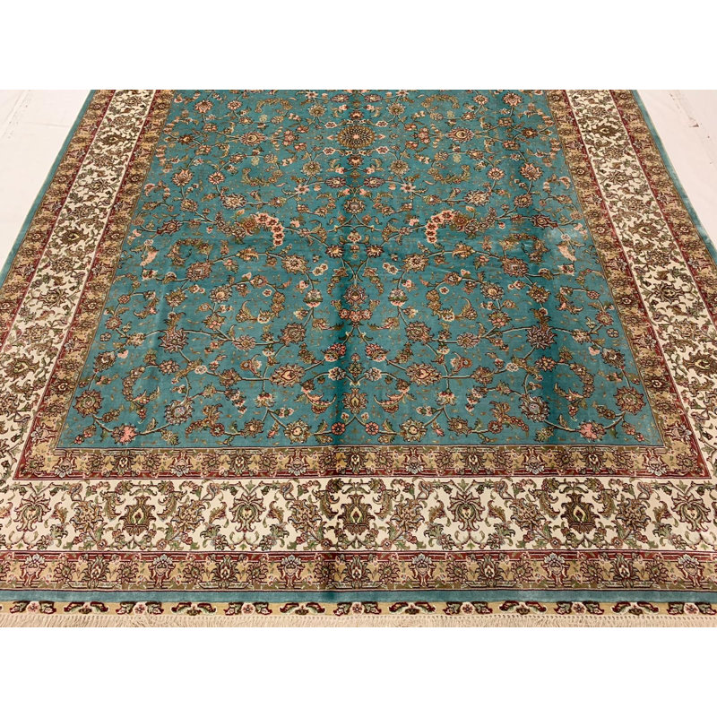 Tapis floral en soie fait à la main 6 pi 9 po x 10 pi 0 po