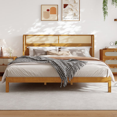 Premium Rubber Wood Platform Bed Frame, King Bed Frame With Headboard Included