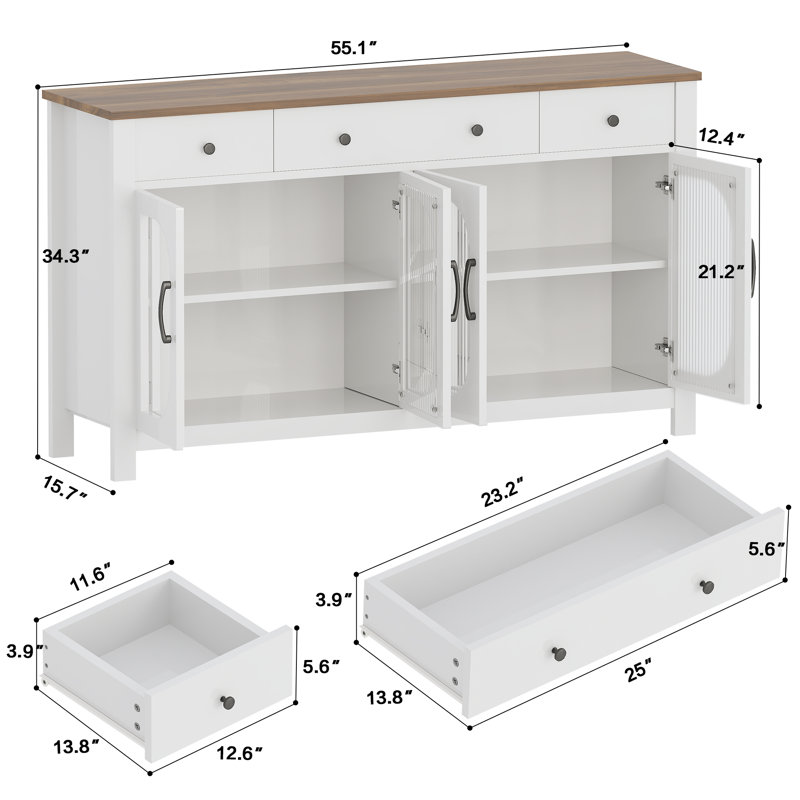srping 55" Large Sideboard Buffet Cabinet With Storage, Kitchen Storage Cabinet With 3 Drawers And 4 Glass Doors, Buffet Table Coffee Bar Cabinet For Dining Room, Living Room