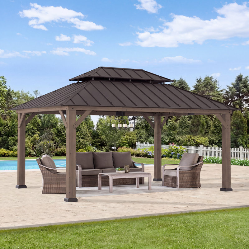 Sunjoy 12 x 16 ft Extra Large Cedar Wood Gazebo, 2-Tier Coated Steel Hardtop, Dark Brown Roof for Patio, Lawn & Backyard