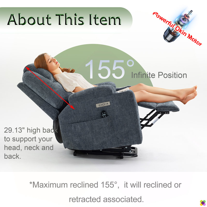 Annettia 35.43" W Power Recliner, Liftable, Massage, Heater, Cup Holder, Gray Chenille