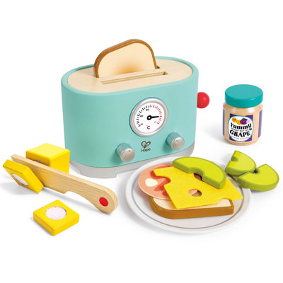 Hape: grille-pain Ding & Pop-Up - ensemble de jeu en bois sarcelle 15 pièces, jouet pour appareil de cuisine Sound & Action, accessoires de nourriture pour sandwich, tout-petits et enfants de 2 ans et plus