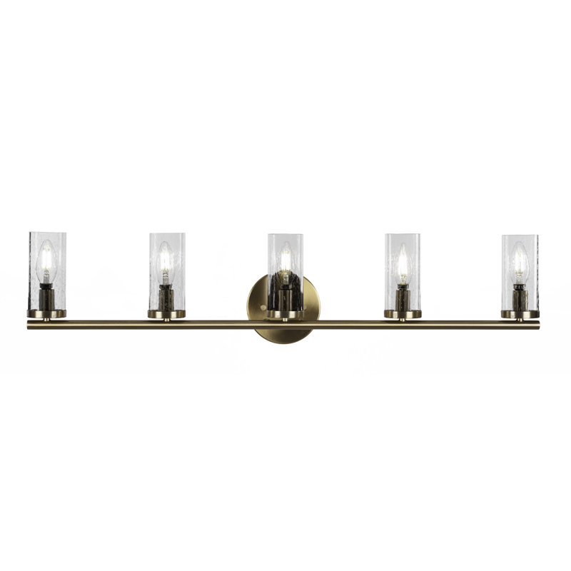 Trinity 5 Light Bath Bar Shown With 2.5” Clear Bubble Glass, Laiton