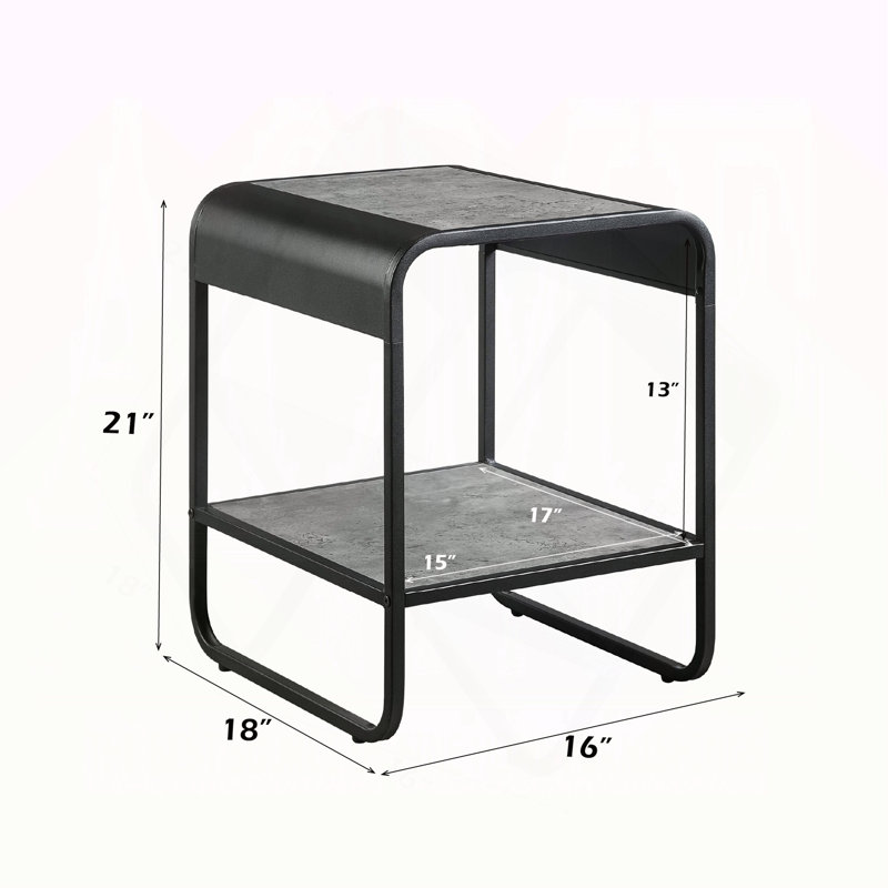 Table de bout moderne au design épuré avec tablette à finition noire, structure en métal, meubles de salon gris béton, 1 pièce
