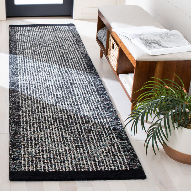 Tapis en laine / coton touffeté à la main Metro en ivoire / noir, Tapis de couloir 2 pi 3 po x 9 pi