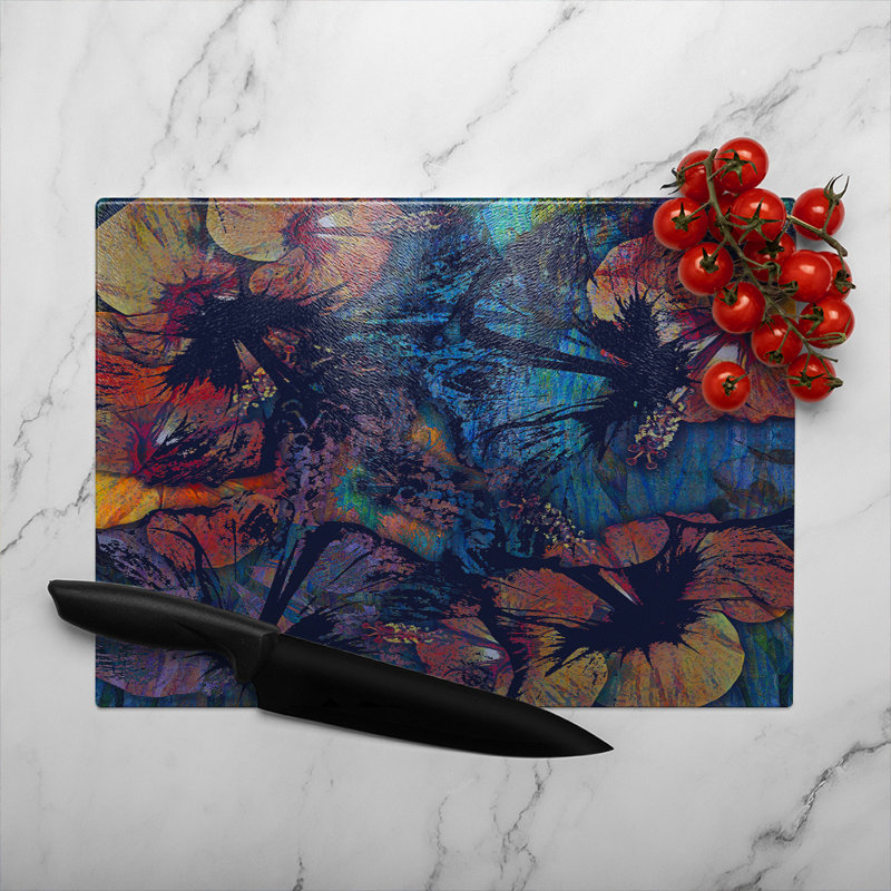 Grunge Flower Print Glass Chopping Board