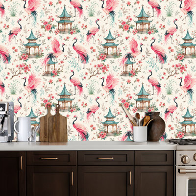 Papier peint adhésif peler et coller pagodes de jardin roses, éléments de contact, papier adhésif amovible, décoration murale pour armoires de cuisine de chambre à coucher 17,7 po x 118 po