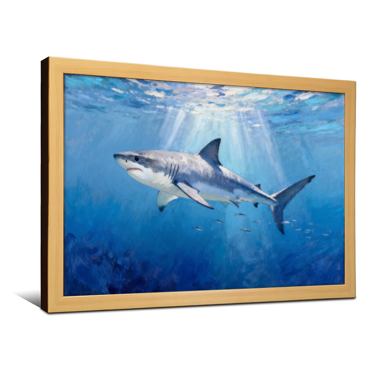 Animal Shark Swimming Underwater Ocean Scene Sunlight Rays, 16" H x 24" W, Wrapped Canvas, Does Not Apply